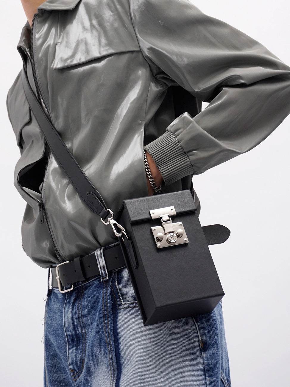 Sac photo en cuir de vache noir avec boucle magnétique, 17x10x7cm