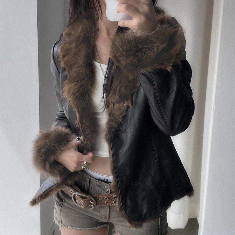 American Street Black Faux Fur Collar Leather Coat