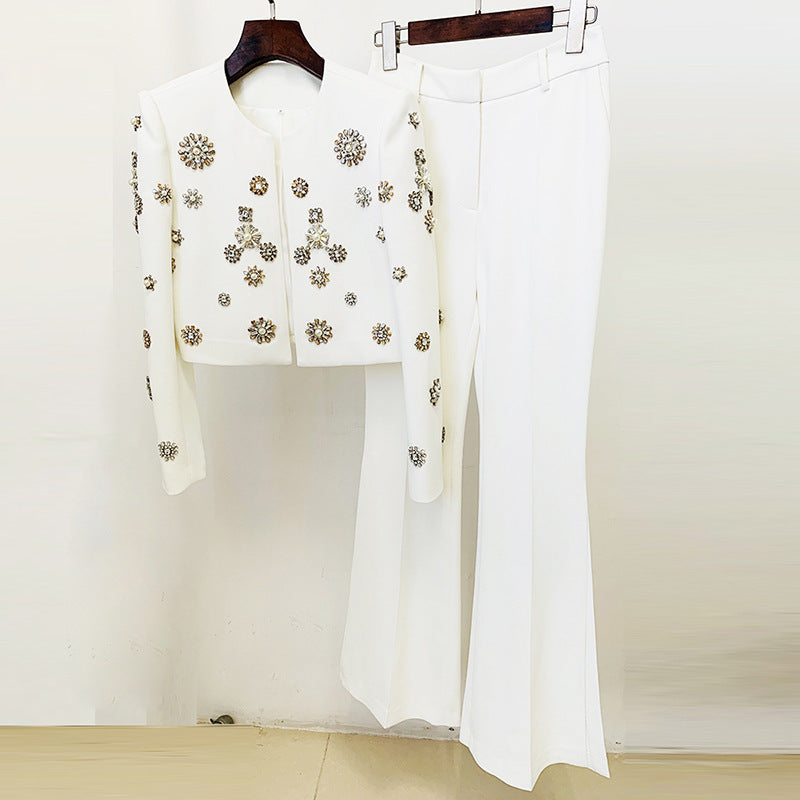 Fashionable Bell-Bottom Pants Suit with Diamond Set Polyester Coat