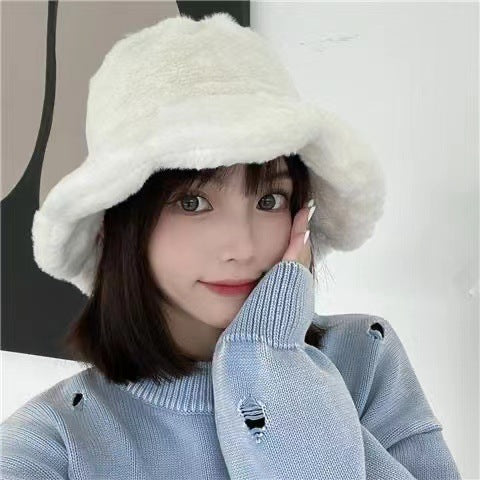 New Faux Rabbit Fur Ruffled Bucket Hat Women's