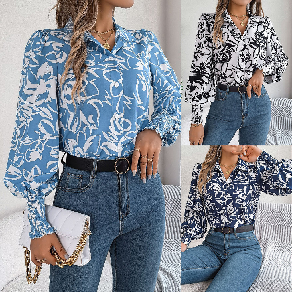 Contrast Color Flower Lantern Sleeve Lapel Shirt - White, Blue, Polyester
