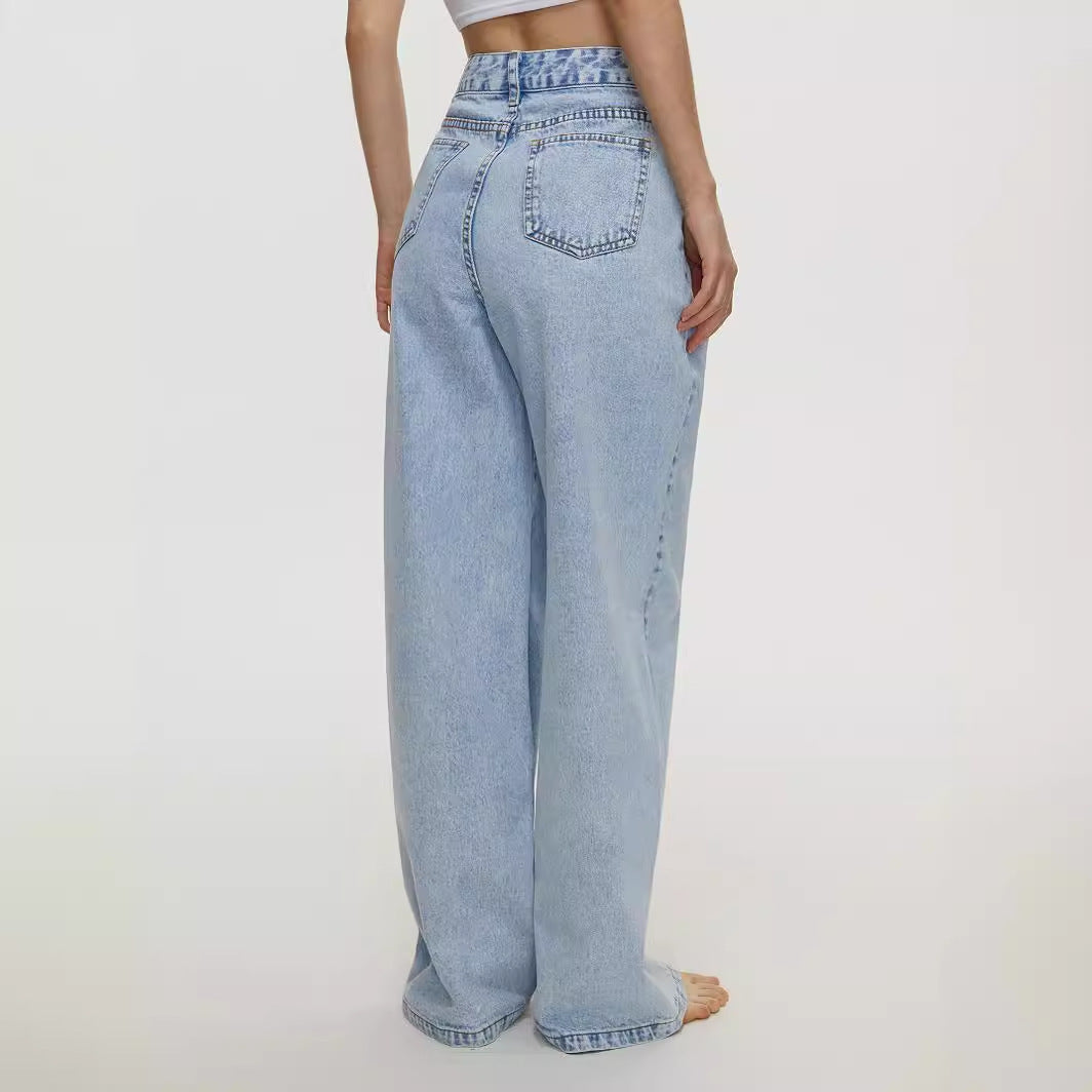 Women's Light Blue High Waist Loose Straight Denim Trousers