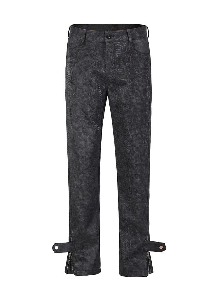Black Snakeskin PU Button Straight Leather Pants