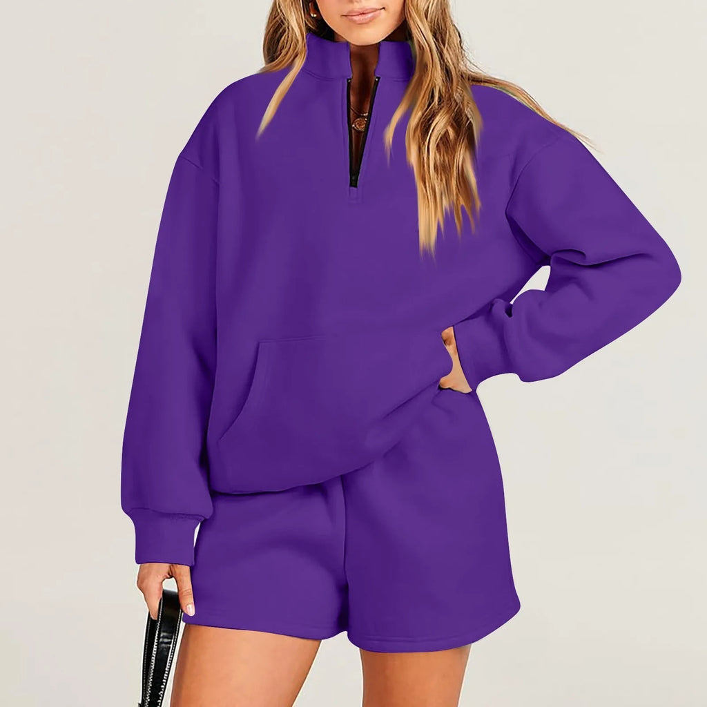 Women's Solid Color Stand Collar Half Zip Pullover & Shorts Set