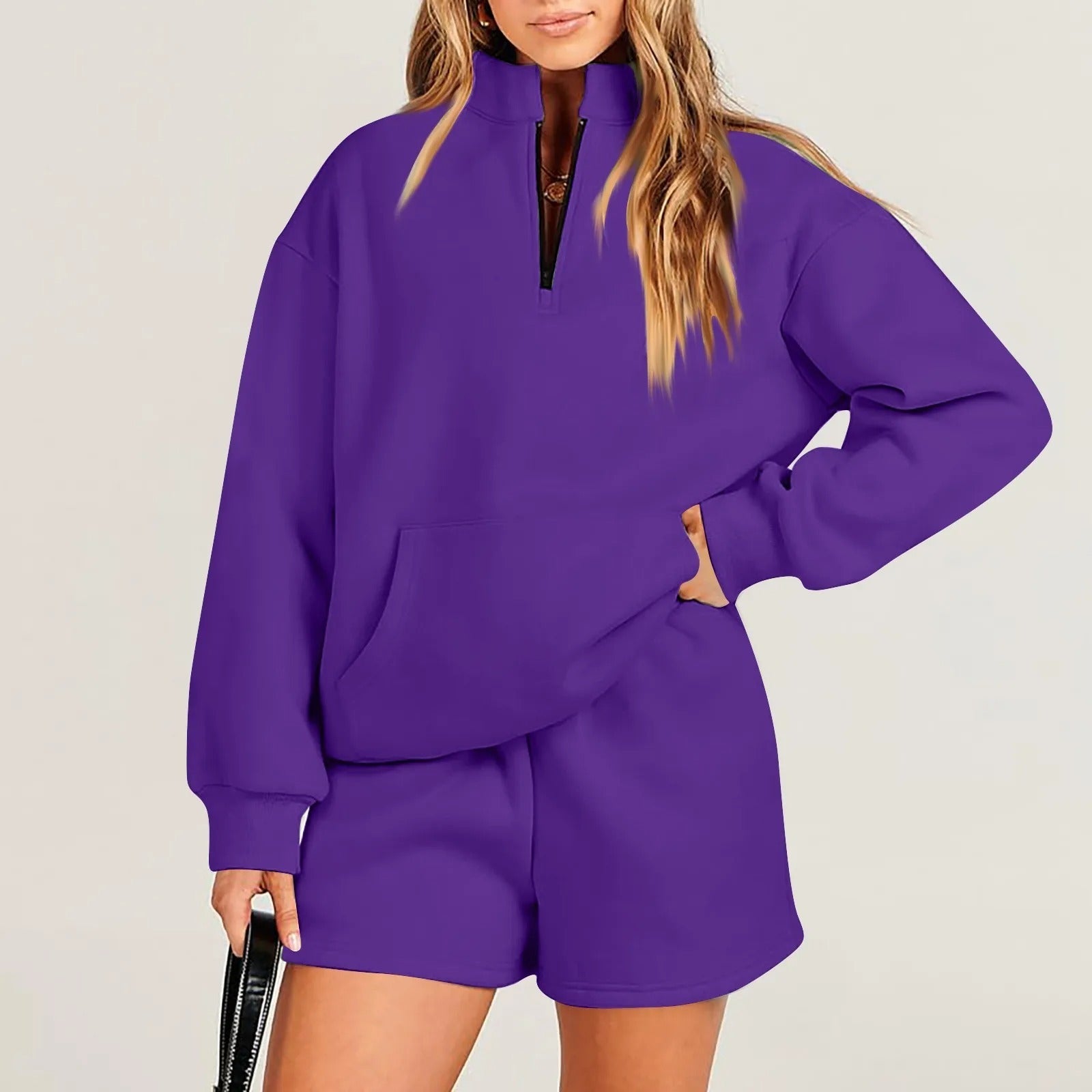 Women's Solid Color Stand Collar Half Zip Pullover & Shorts Set