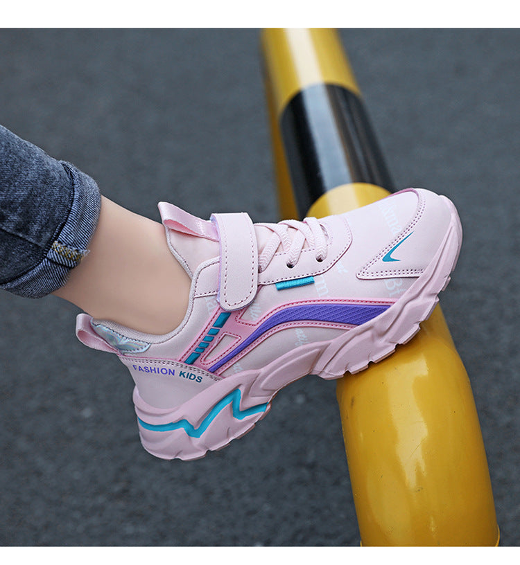 Baskets décontractées en cuir imperméable pour filles – Rose et noir, Tailles 27-40