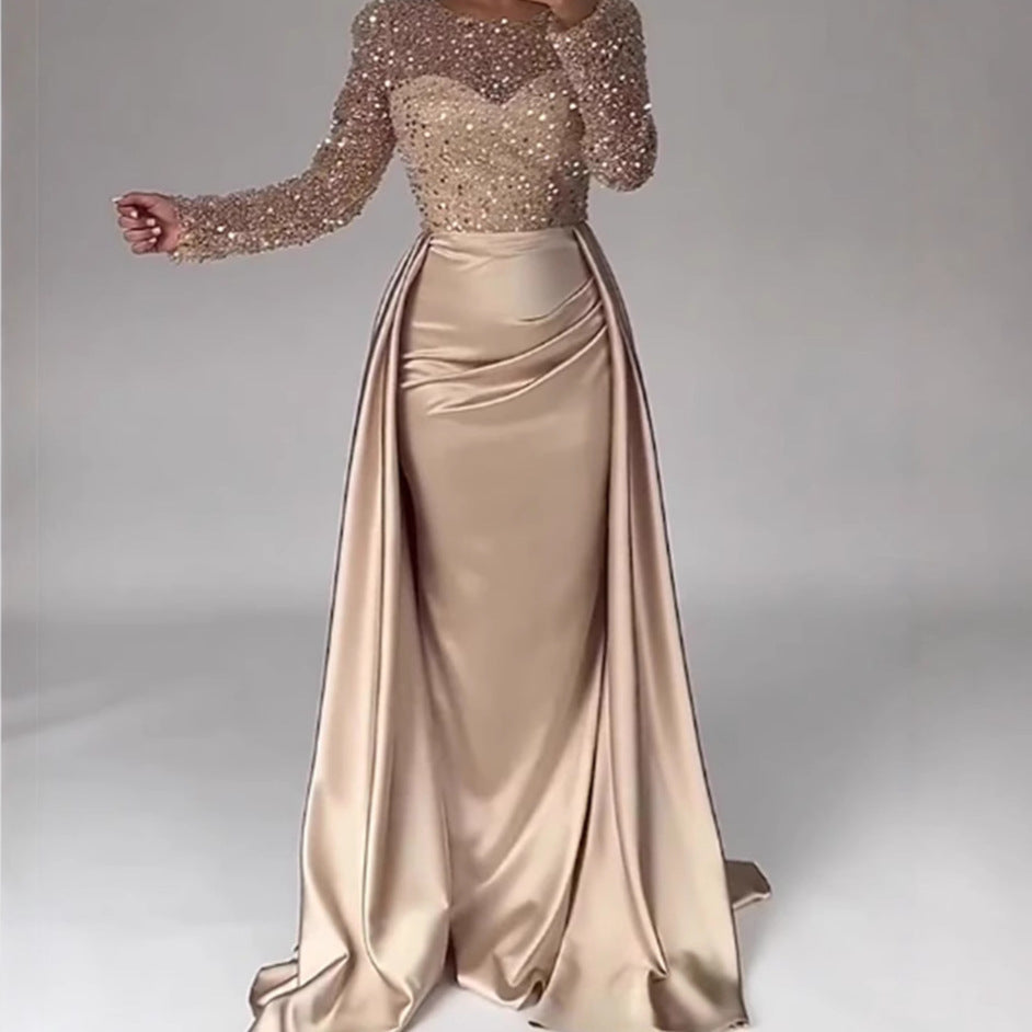 Dazzling Sequin Queen Maxi Evening Gown with Long Sleeves