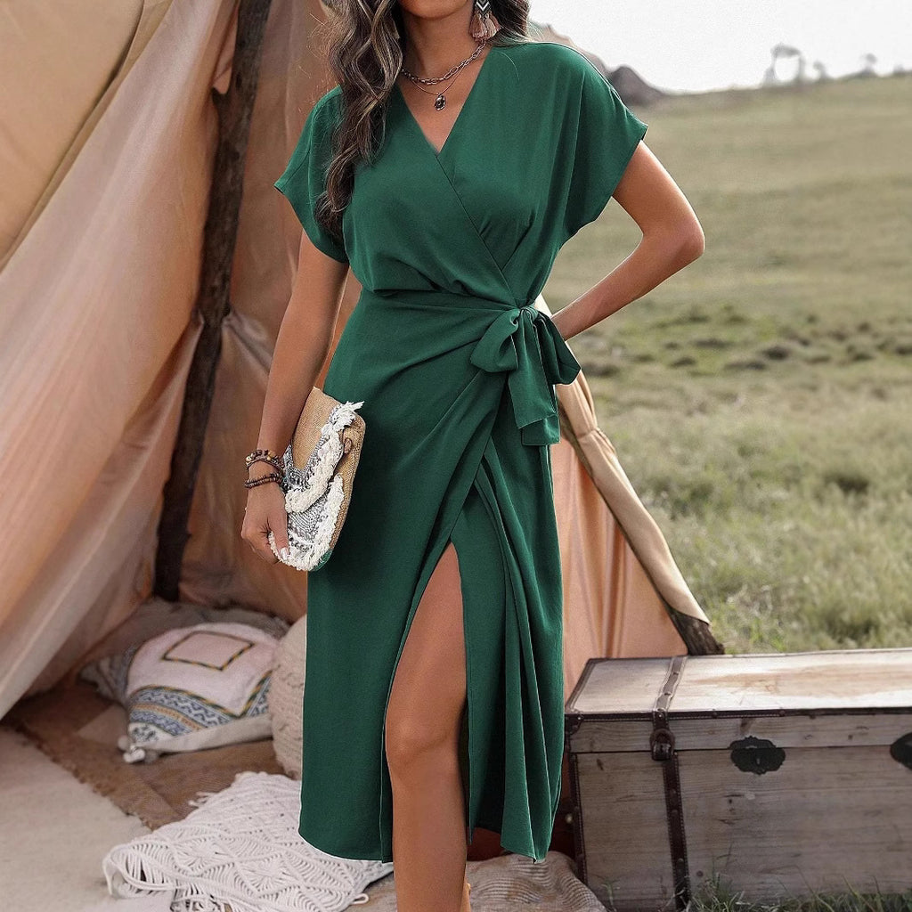Robe portefeuille à bretelles de couleur unie pour femme, mi-longue, mode décontractée