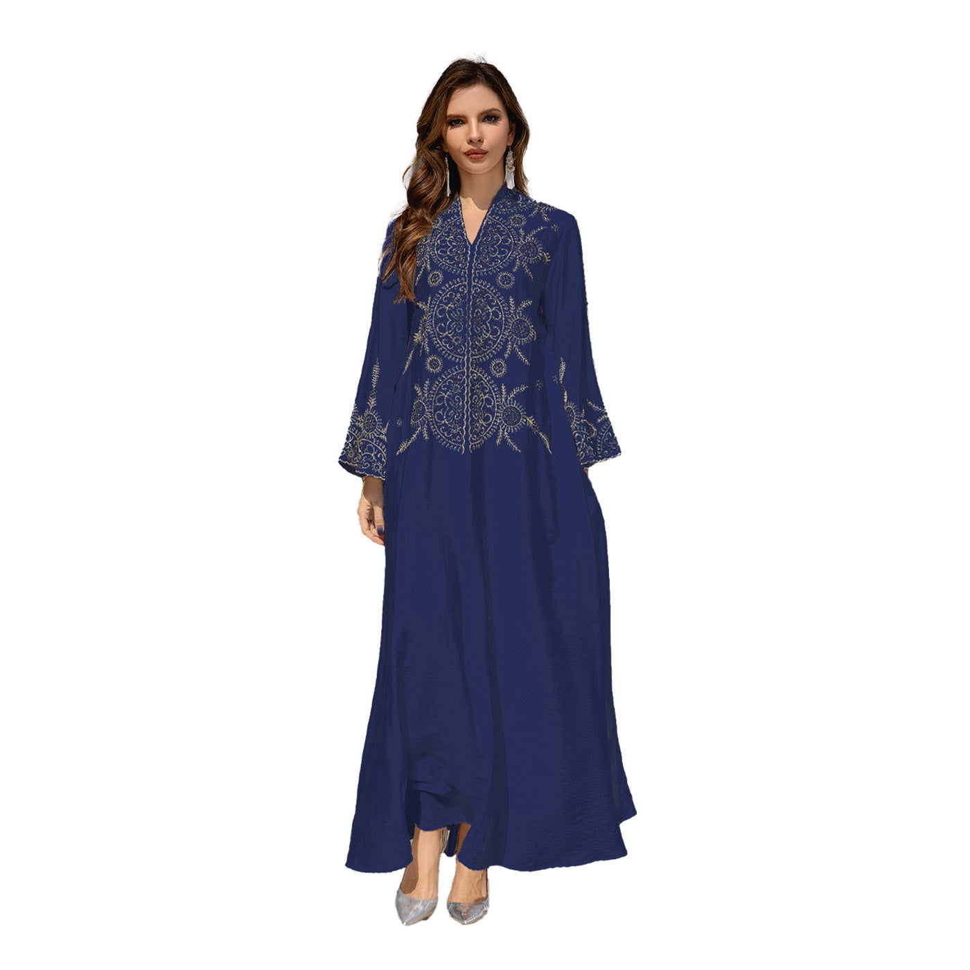 Muslim Women's Embroidered Robe Dress Long Sleeve Polyester