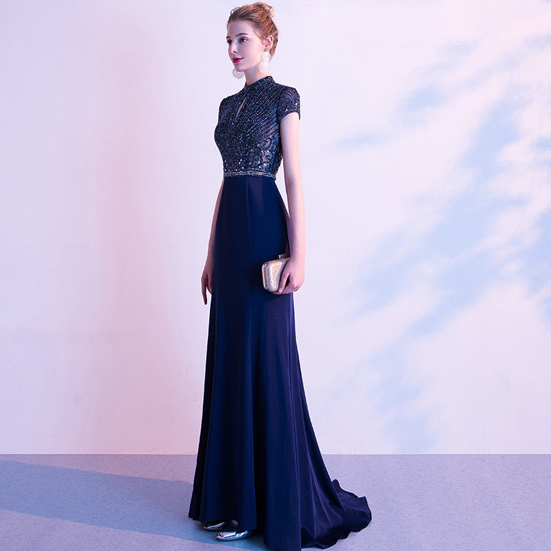 Women's Navy Diamond Banquet Evening Dress, Polyester, Short Sleeve, Long Skirt, Sizes S-XL