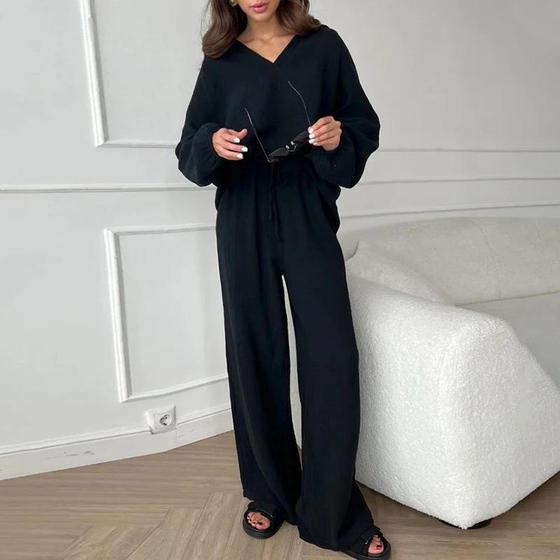 Ensemble élégant haut et pantalon décontracté en polyester pour femme, disponible en plusieurs coloris