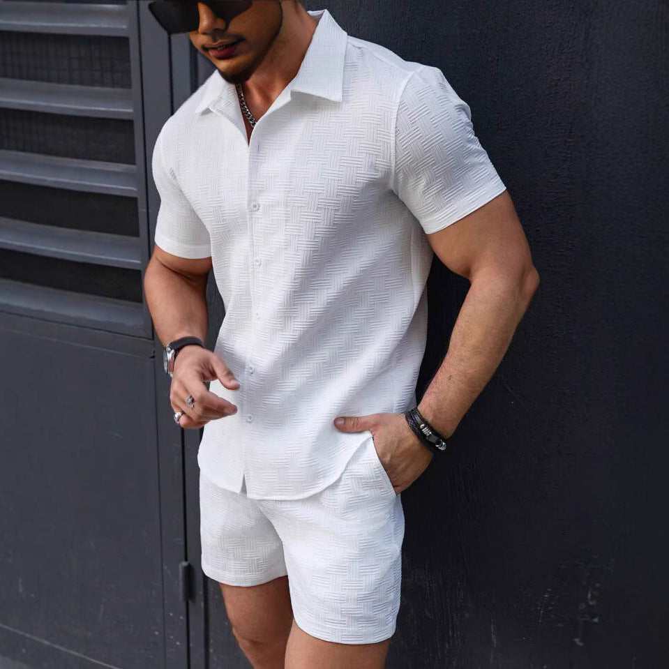 Leisure Breathable Beach Two Piece Suits Mens Summer Casual Short Sleeve Shirt And Shorts Men Outfits Vintage Textured Solid Set