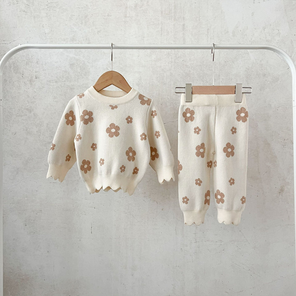 Ensemble pull en laine à fleurs et pantalon ample en coton style coréen pour bébé fille
