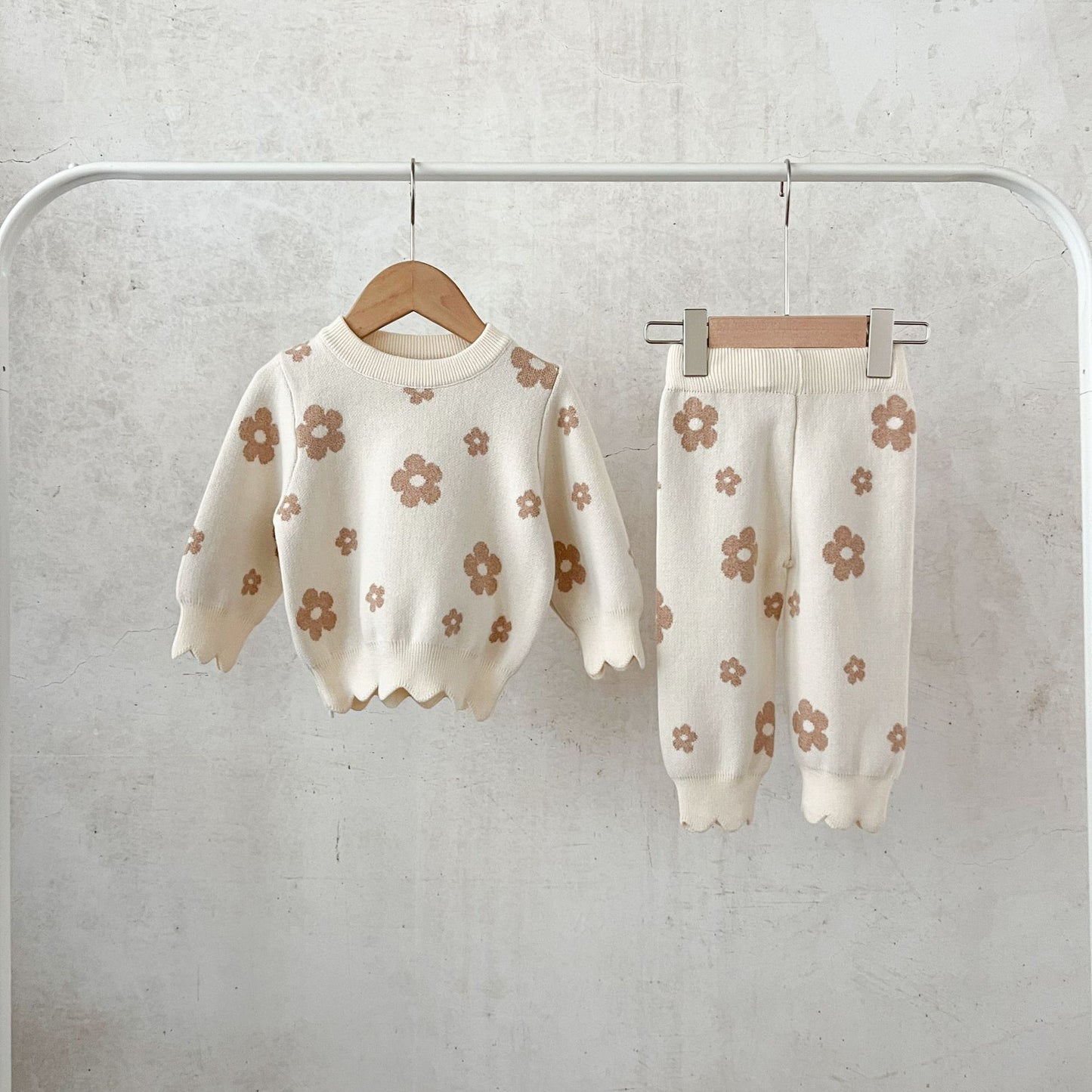 Ensemble coréen pour bébé fille, en coton et laine à fleurs, haut ample et pantalon large.