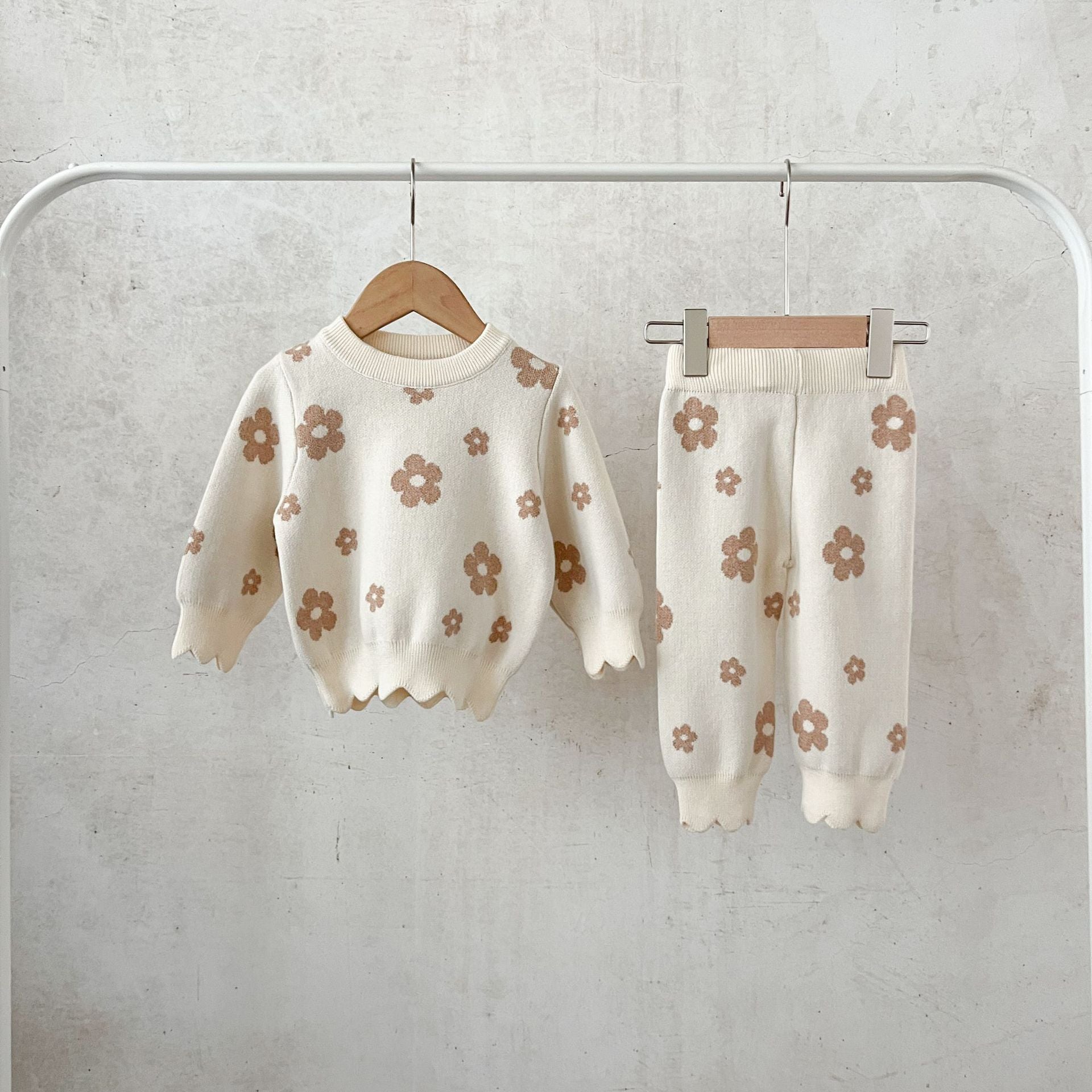 Ensemble pull en laine à fleurs et pantalon ample en coton style coréen pour bébé fille