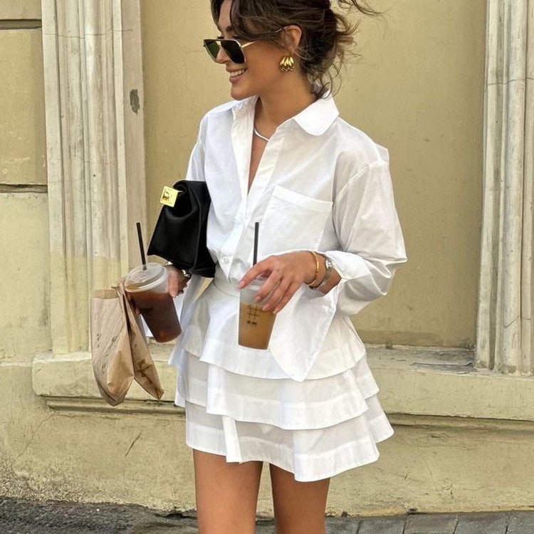 White Lapel Long Sleeve Shirt & High Waist Tiered Dress Suit
