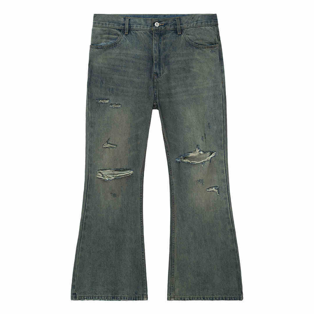 Cotton Washed Blue Retro Ripped Loose Micro-Flared Jeans Trousers
