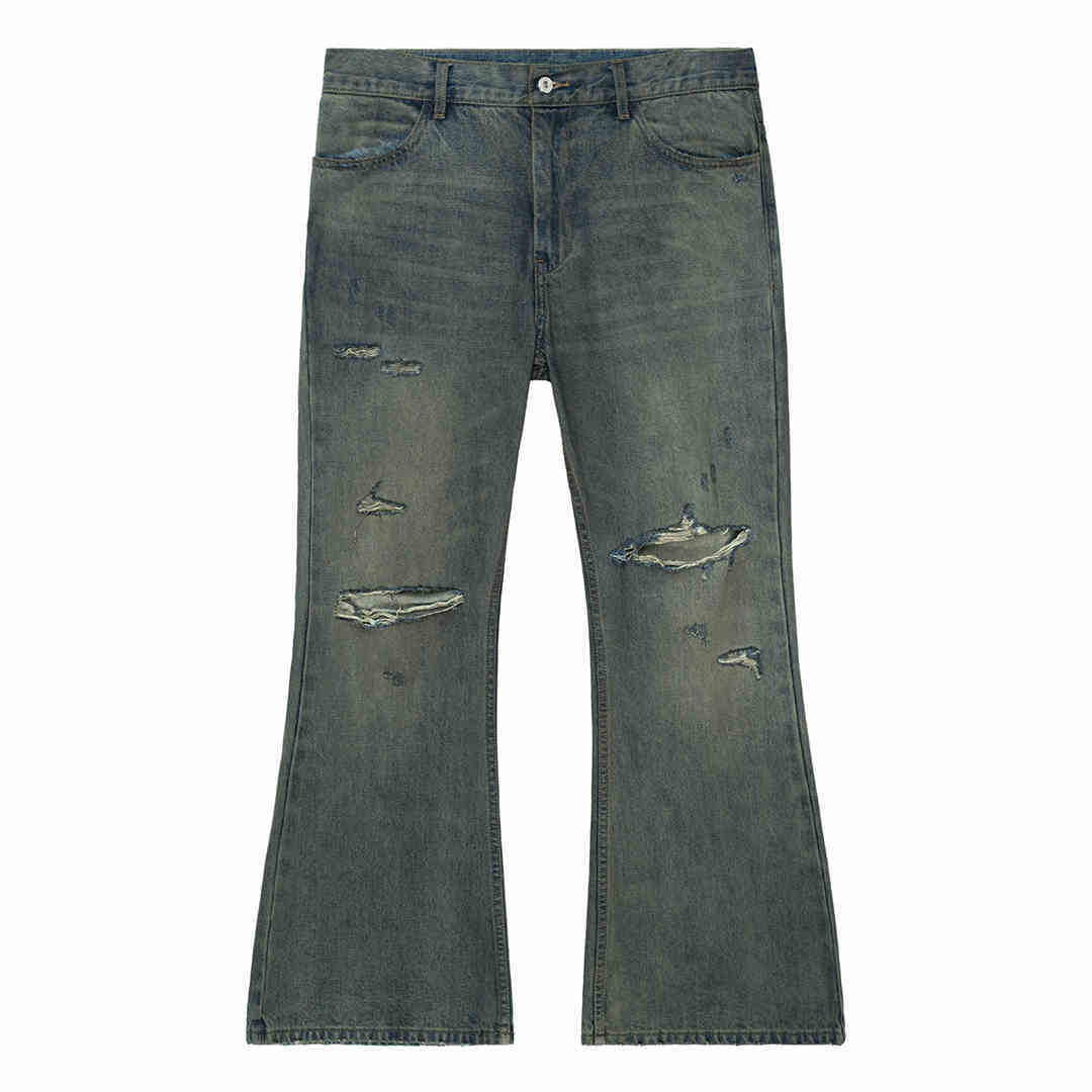 Cotton Washed Blue Retro Ripped Loose Micro-Flared Jeans Trousers
