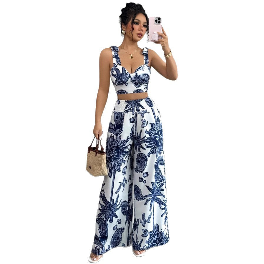 Sexy V-Neck Strap Vest with Loose Wide Leg Pants Set