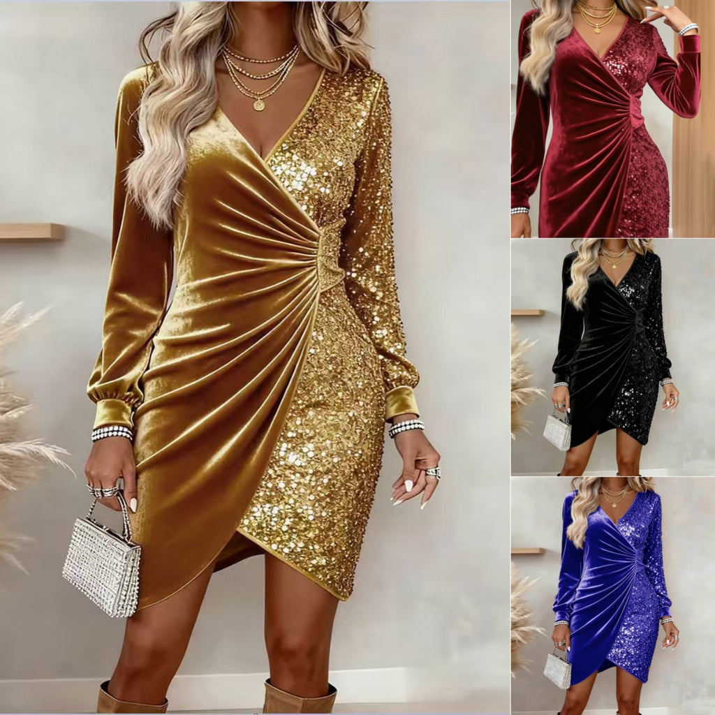 Elegant Sequins Long Sleeve V Neck Bodycon Party Dress for Women Evening & Christmas