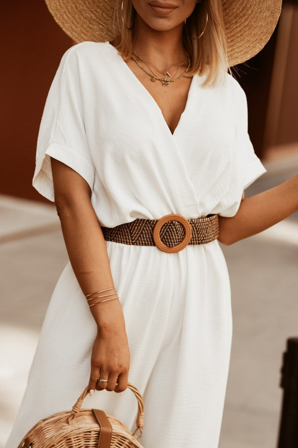 Short Sleeve V-Neck Doll Sleeve Elastic Waist Jumpsuit