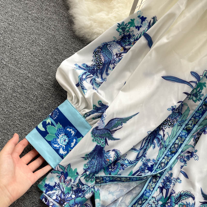 Printed Lantern Sleeves Loose And Versatile Temperament Small Stand-up Collar Ladies Shirt