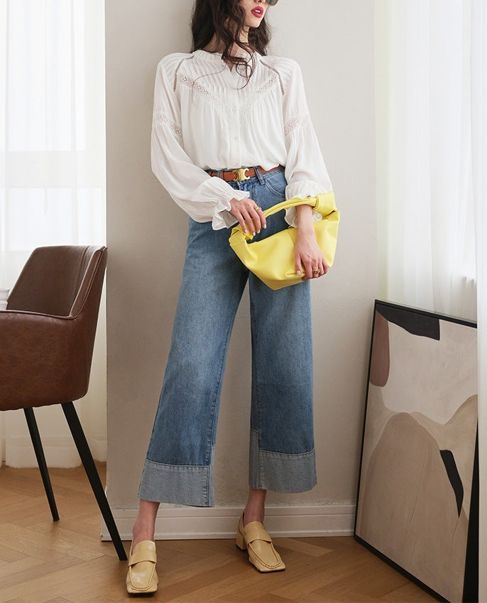 White Patchwork French Style Shirt with Lantern Sleeves