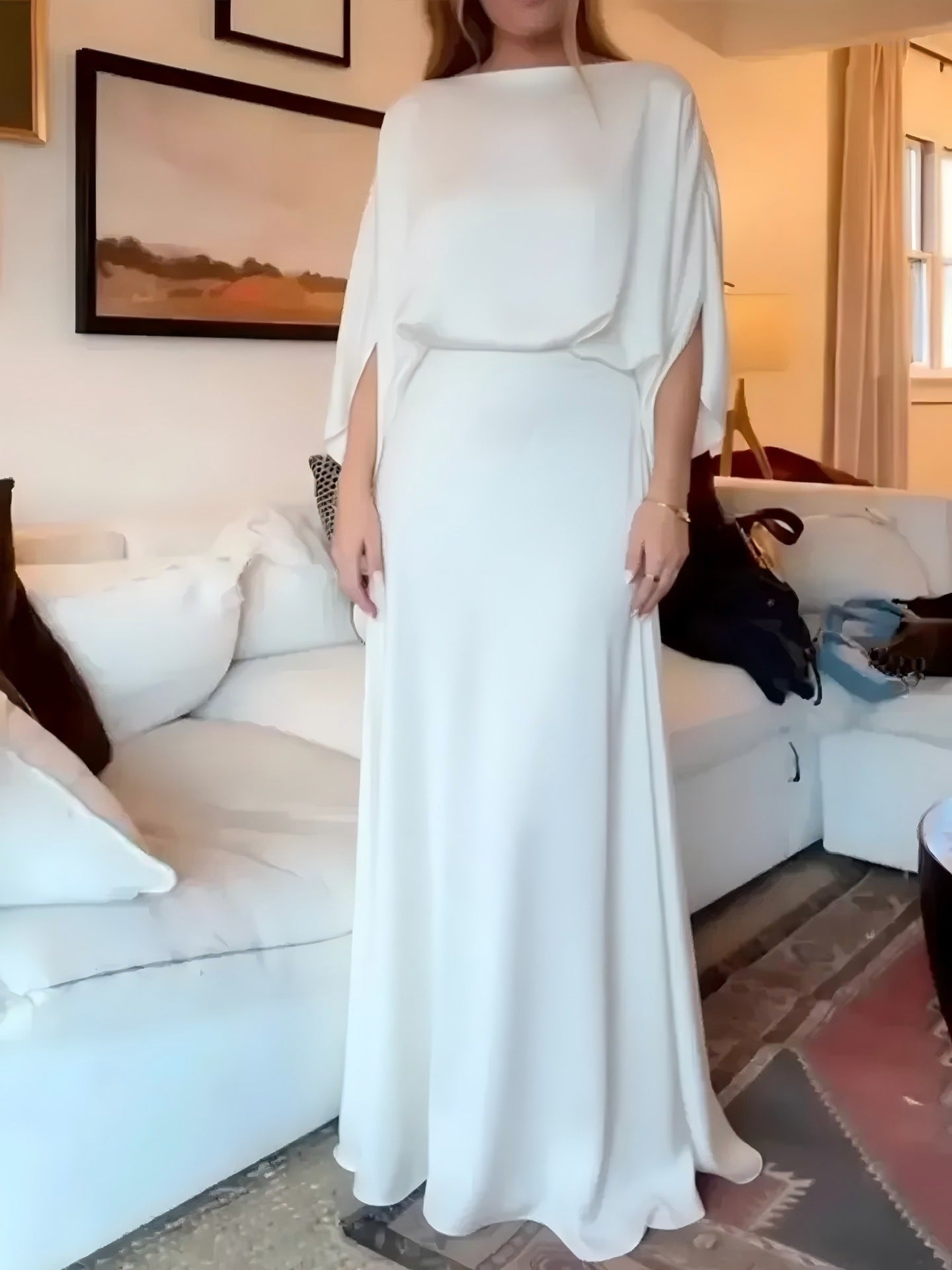 Sleek Solid-Color Satin Long Dress with Bishop Sleeves for Arabian Nights