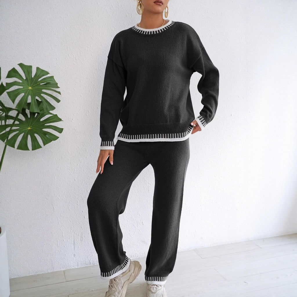 Women's Khaki & Black Woven Suit Pullover with Wide-Leg Pants