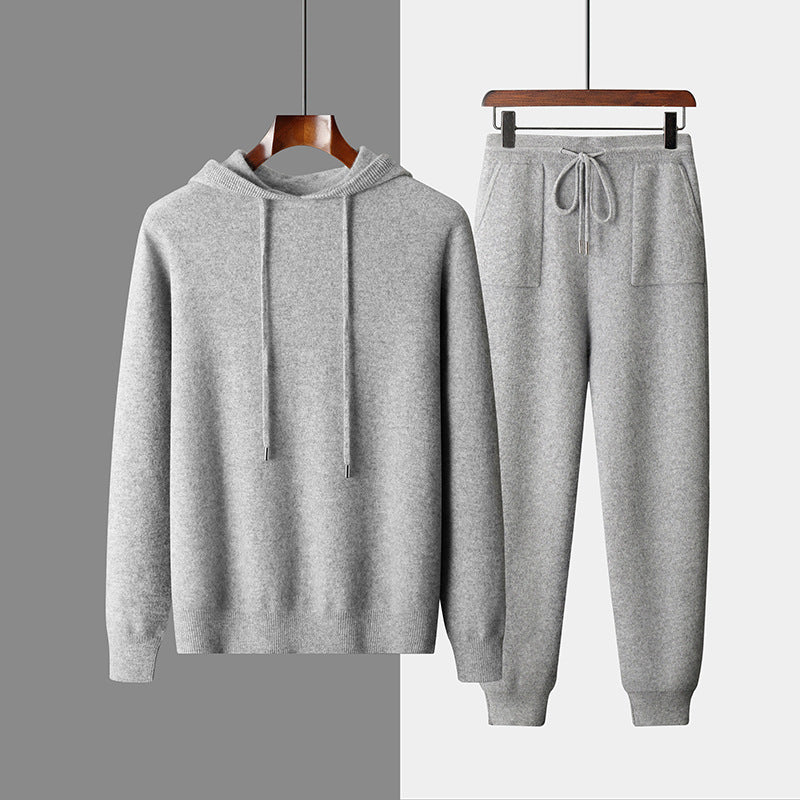 Men's Hooded Knitted Sweatshirt & Long Pants Set - Casual Solid Color