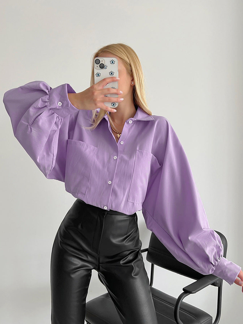 Casual Polo Collar Shirt Women's Pocket Batwing Sleeve Top