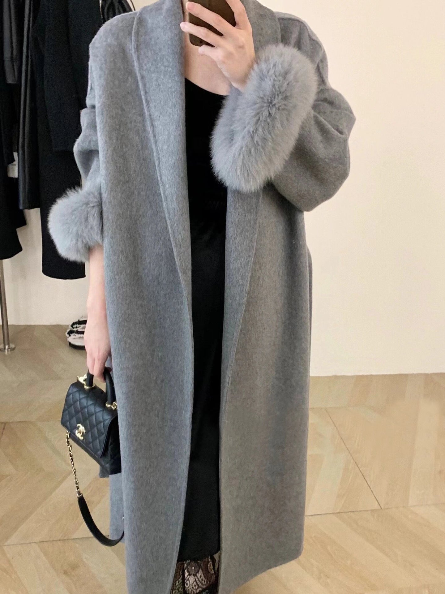 Women's Long Reversible Wool Coat with Lapel and Pockets
