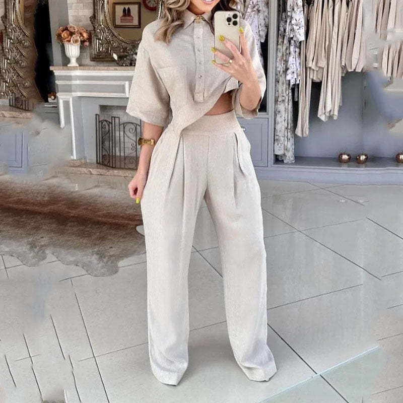 Light Gray Irregular Top & Casual Pants Suit – Polyester, S-XXL, Japanese Korean Style