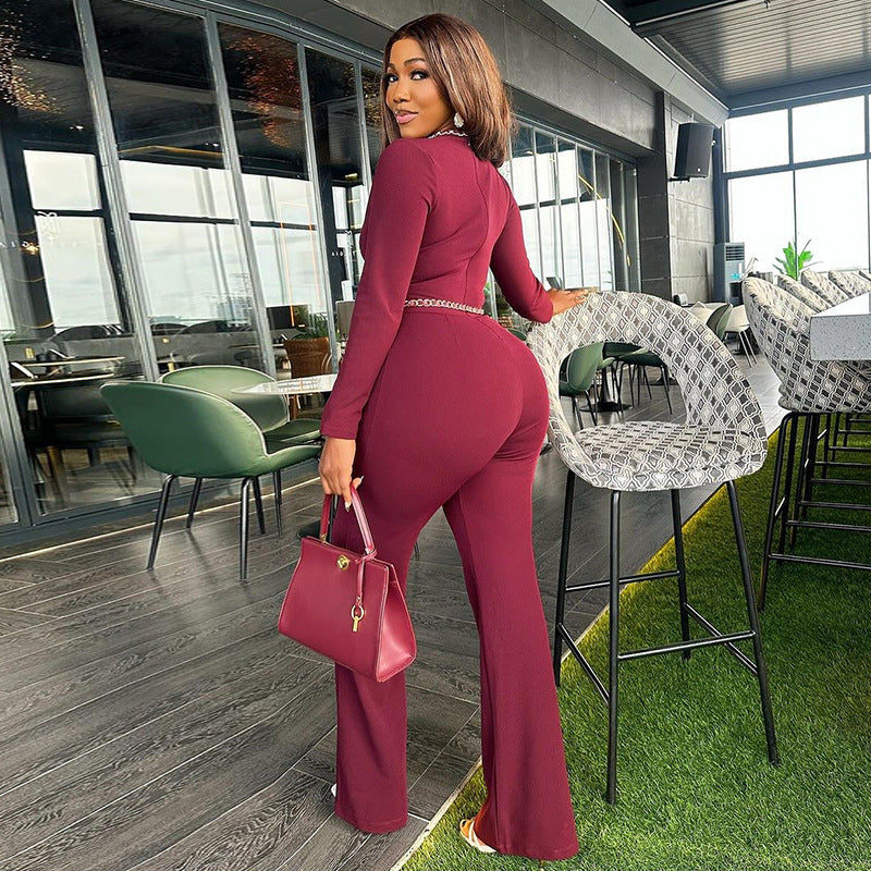 Pantalon évasé taille haute coupe ajustée femme, rouge brique