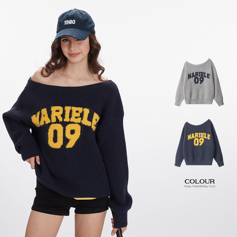Women's American Letter Loose Off-Shoulder Pullover Sweater