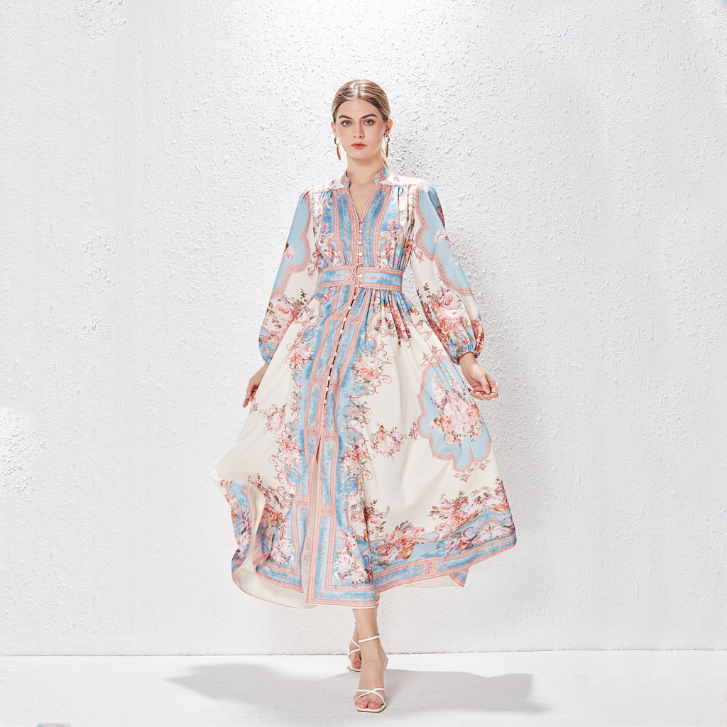 Robe imprimée à manches lanternes simple boutonnage en coton et lin