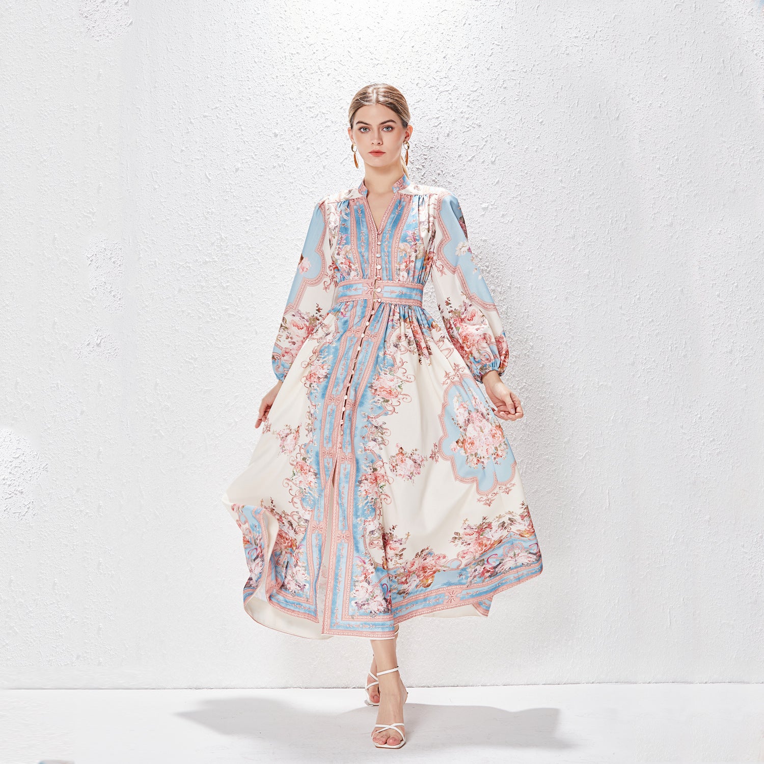 Robe imprimée à manches lanternes simple boutonnage en coton et lin