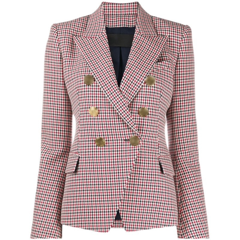 Women’s Red Houndstooth Double-Breasted Long-Sleeve Blazer Jacket