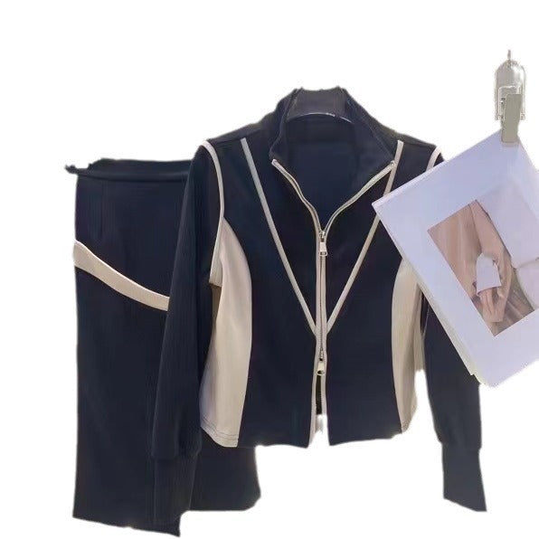 Autumn Black & Camel Top and Skirt Sports Suit for Women