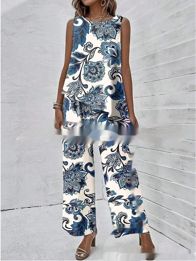 Women's Sleeveless Round Neck Top & Printed Pants Set Spring Summer
