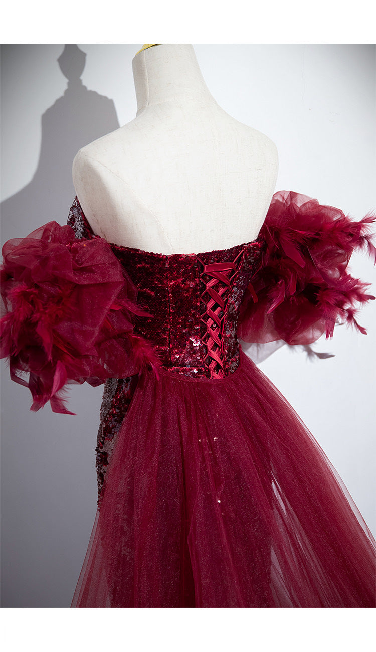 Wine Red Fishtail Sequins Wedding Evening Dress with Lantern Sleeves