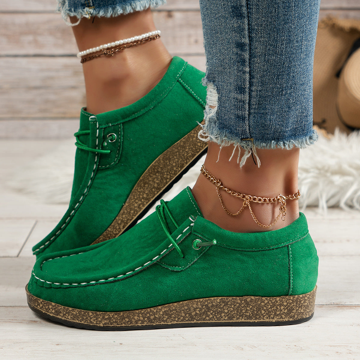 Chaussures plates décontractées à enfiler avec élastique vert pour femme