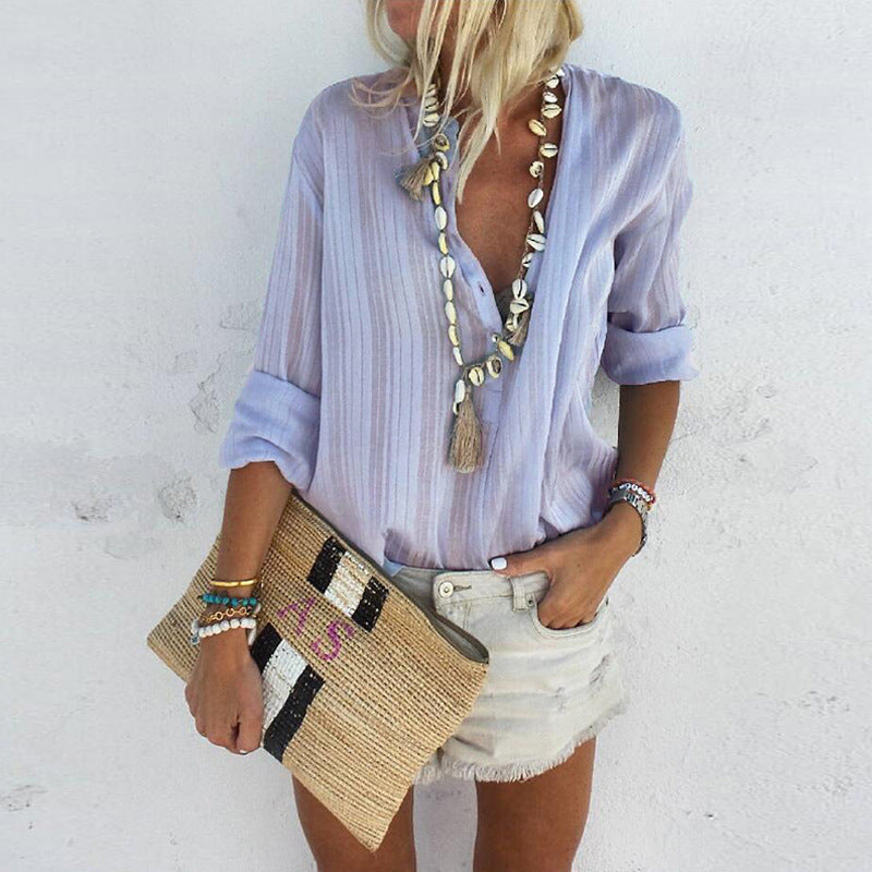 Women’s Casual V-Neck Long Sleeve Button Shirt