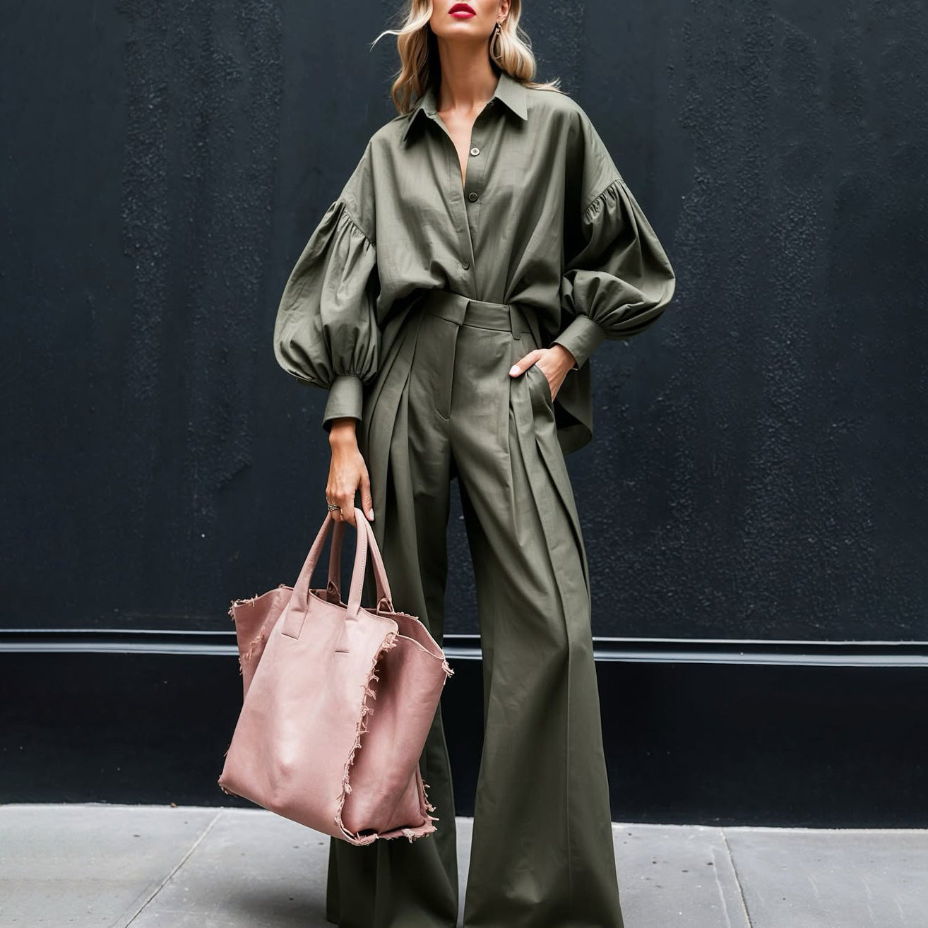 Cotton Linen Two-Piece Suit Long-Sleeve Shirt & Wide-Leg Pants