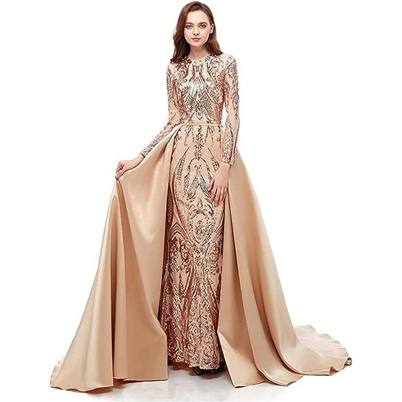 Robe de soirée longue traînante à manches longues pour femmes, disponible en plusieurs couleurs