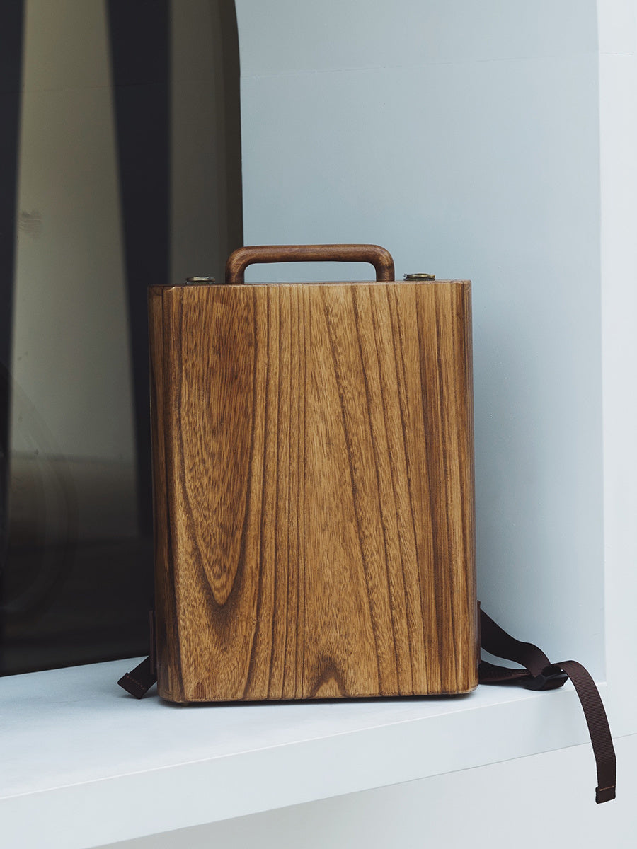 Niche Design Handmade Brown Wood Texture Computer Schoolbag 27x9x34.5cm for Men & Women