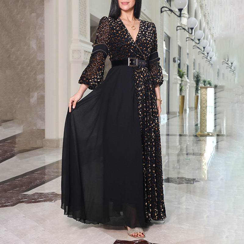 Deep V-Neck Black Polyester Dress European American Elegant Sexy