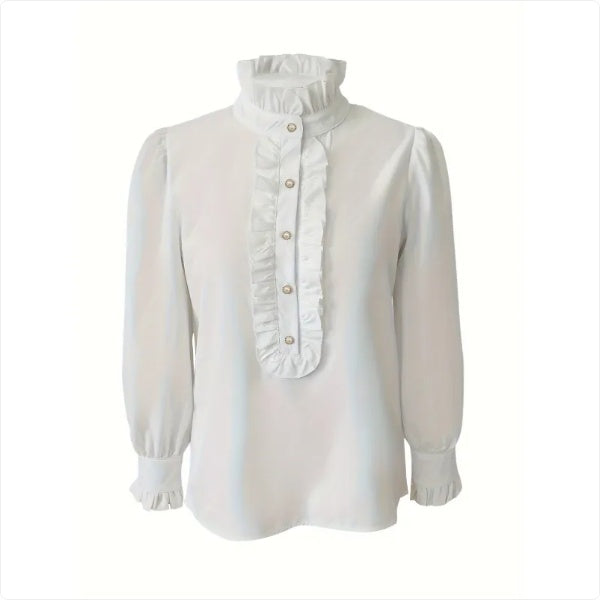 Stand-Up Collar Long-Sleeve Shirt with Lotus Leaf Hem - 100% Polyester