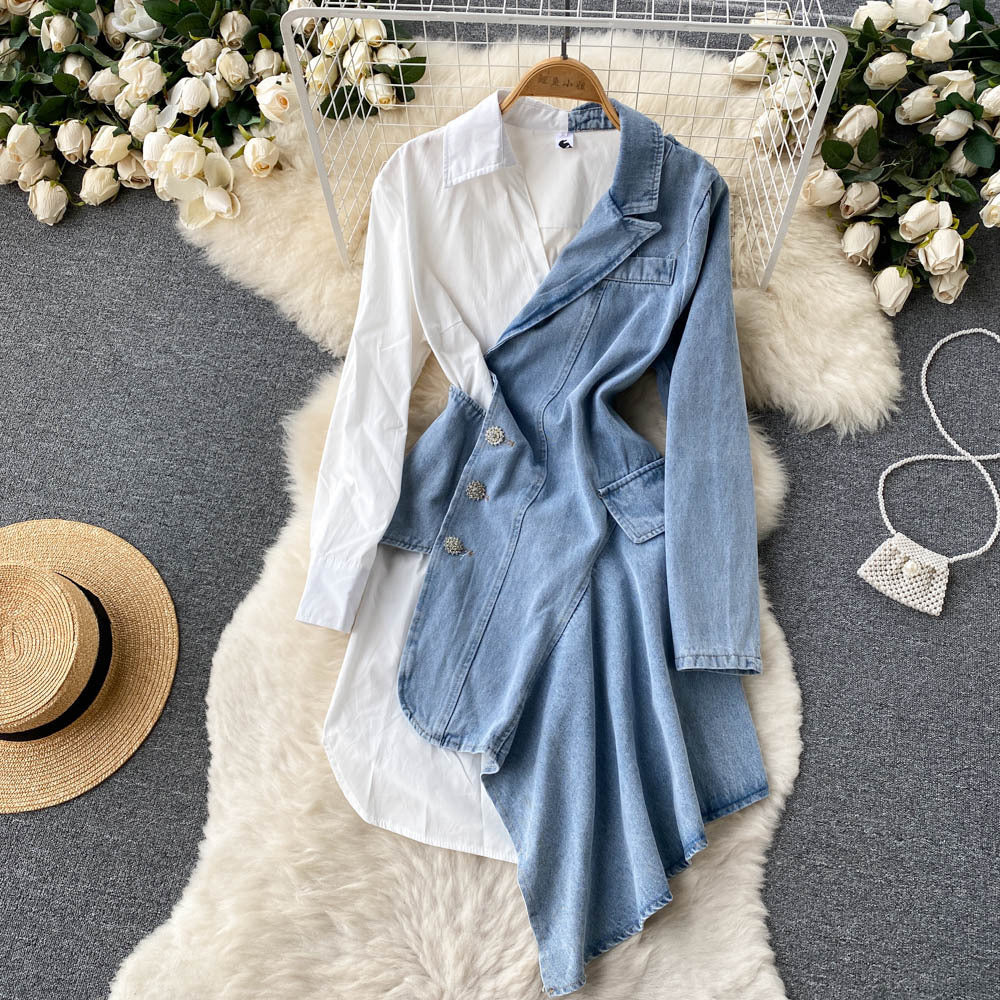 Irregular Stitching Denim Dress with Long Sleeves