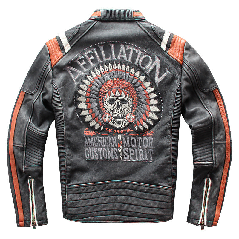 Men's Gray Cow Leather Motorcycle Jacket with Standing Collar